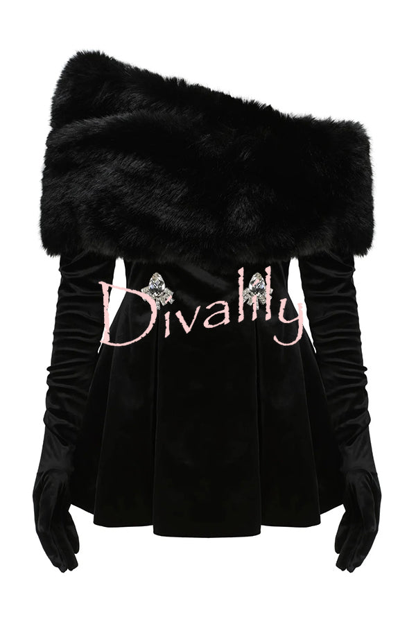 Stylish Velvet Off-shoulder Fitted Mini Dress and Fluffy Shawl, Velvet Gloves Three-piece Set