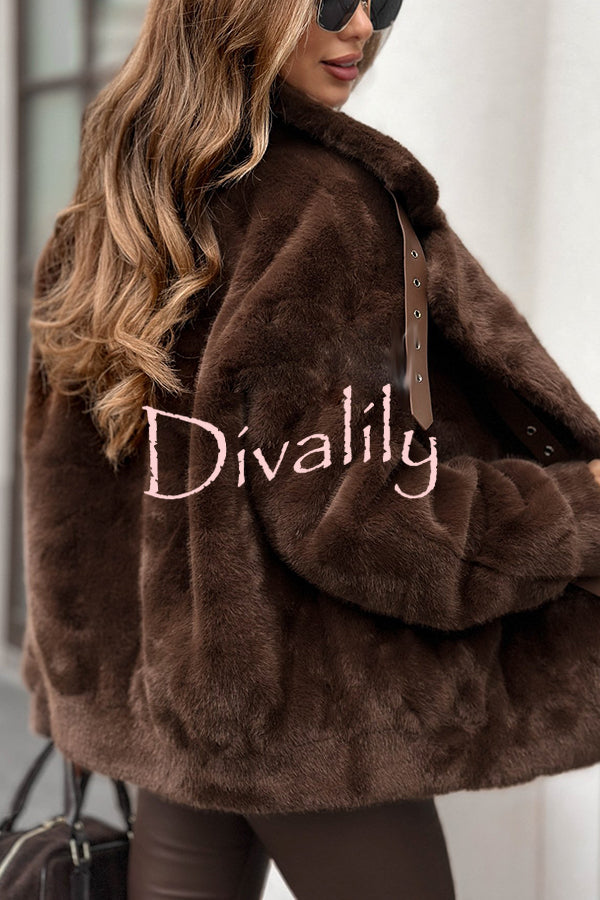 Chill Whispers Belt Buckle Design Long Sleeve Pocket Lapel Plush Coat