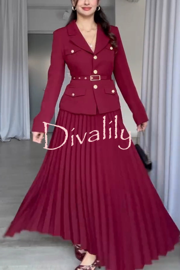 Solid Color Lapel Button Belt Blazer and Pleated Casual Maxi Skirt Set