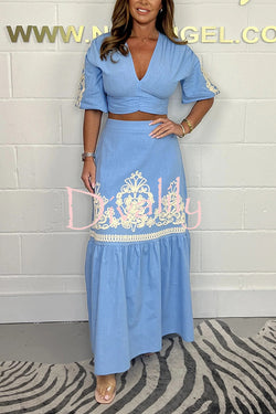 Stylish V-neck Puff-sleeved Crop Top and Elastic Waist Paneled Maxi Skirt Set