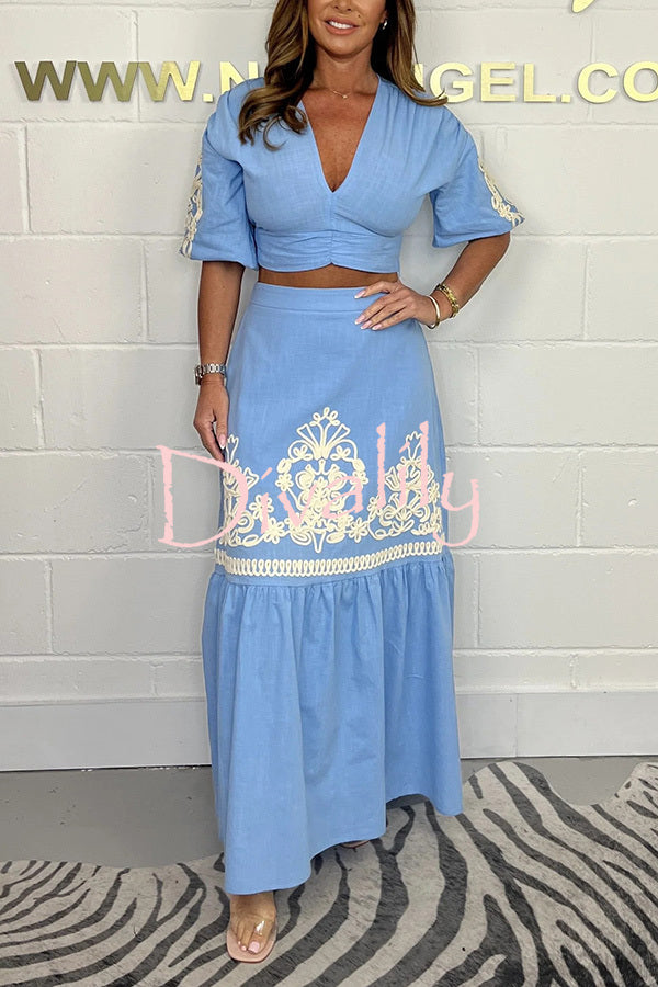 Stylish V-neck Puff-sleeved Crop Top and Elastic Waist Paneled Maxi Skirt Set