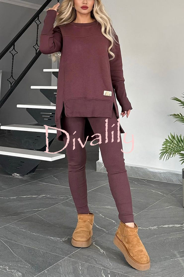 Solid Color Crew Neck Long Sleeve Top and Casual Stretch Pants Set