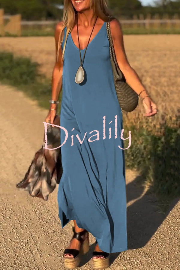 Solid Color V-neck Sleeveless Casual Loose Maxi Dress
