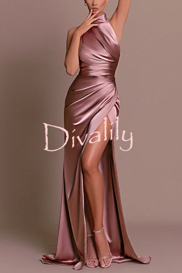 Satin Sexy Halter Neck Sleeveless High Slit Slim Maxi Dress