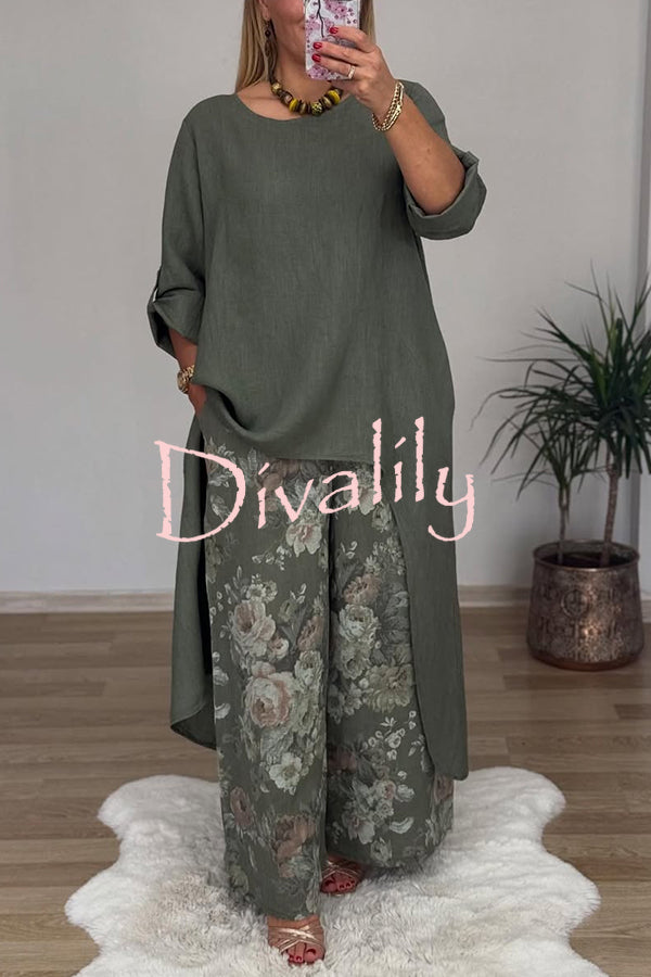 Linen Blend Crew Neck Long Sleeve Irregular Loose Top and Elastic Waist Floral Print Casual Pocket Set