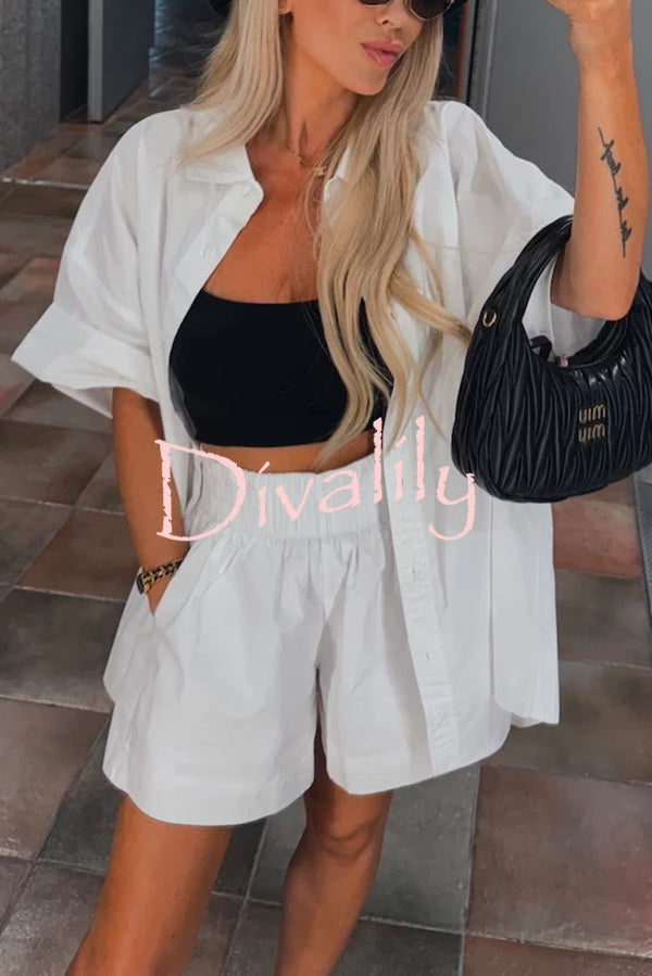 Summer Casual Loose Short-sleeved Shirt and Elastic High Waist Shorts Set