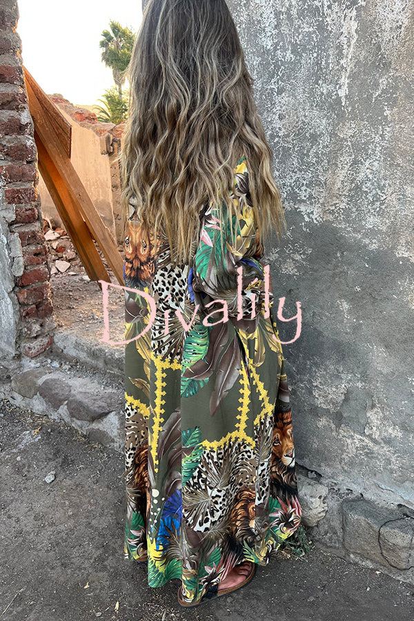 Jungle Miracle Animal Unique Print Button Long Sleeve Midi Relaxed Blouse