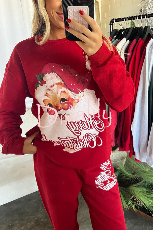 Christmas Santa Print Loose Round Neck Sweatshirt and Elastic Waist Casual Pants Set