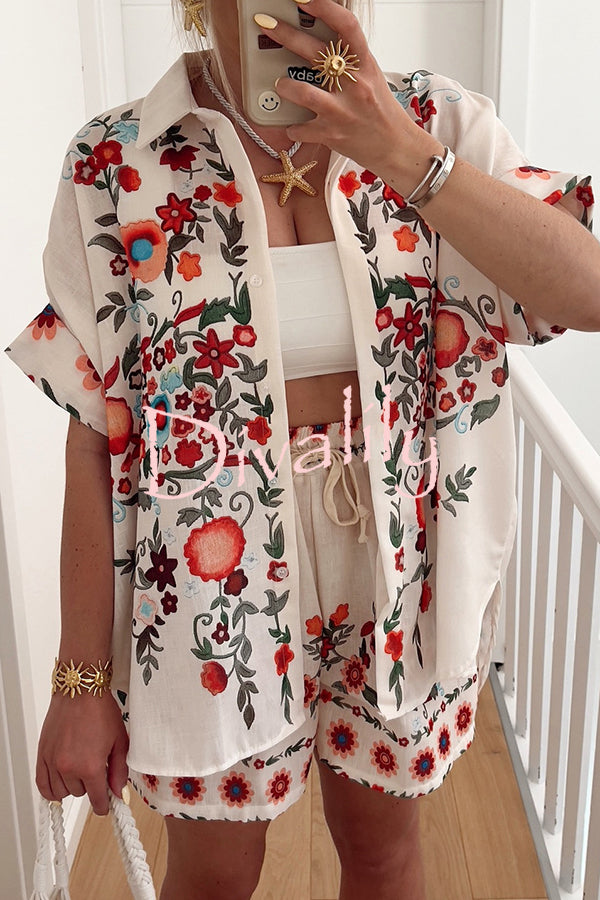 Linen Blend Floral Print Short Sleeve Loose Shirt and Elastic Waist Tie Casual Shorts Set