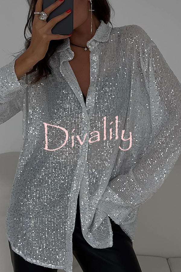 Fashion Sequin Lapel Long Sleeve Loose Shirt