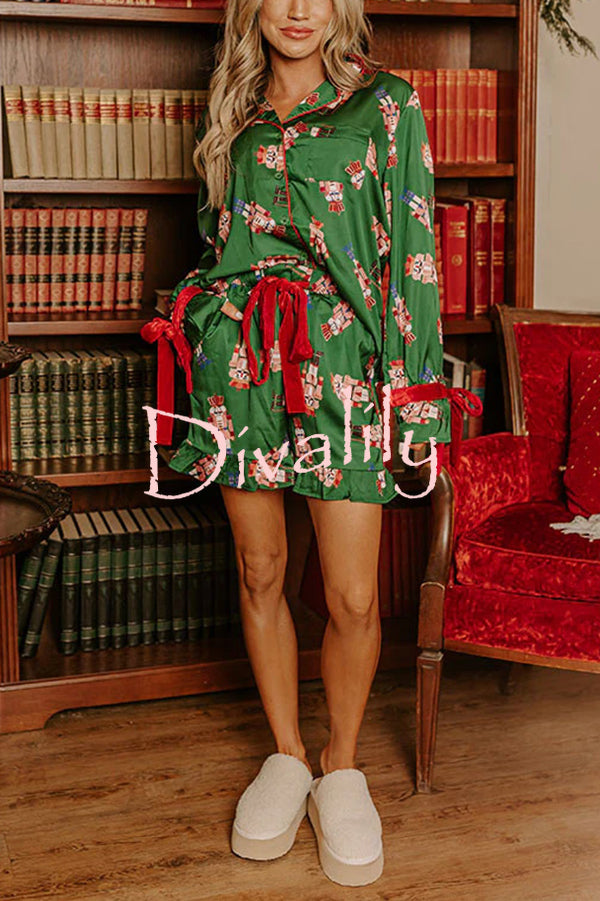 Christmas Dreaming Satin Nutcrackers Print Velvet Trim Elastic Waist Pocketed Pajama Shorts Set