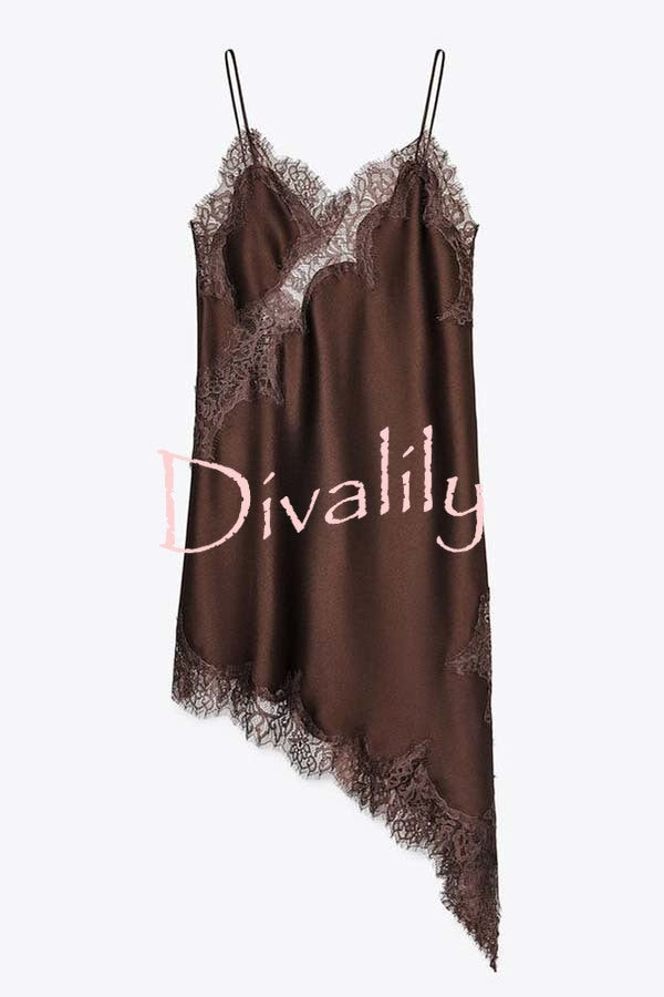 Elouise Satin Lace Trim V-neck Asymmetrical Hem Slip Mini Dress