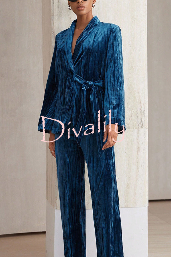 Solid Color Velvet Pleated Long-sleeved Tie Top and Casual Pocket Straight-leg Pants Set