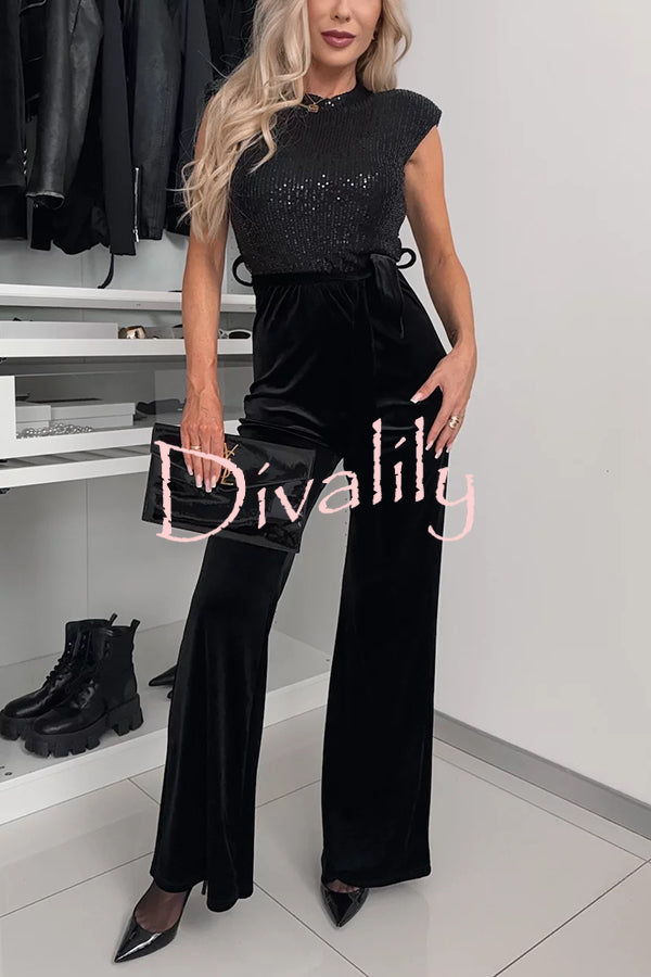 Perfect Party Style Sequin Velvet Patchwork Backless Flare Stretch Jumpsuit