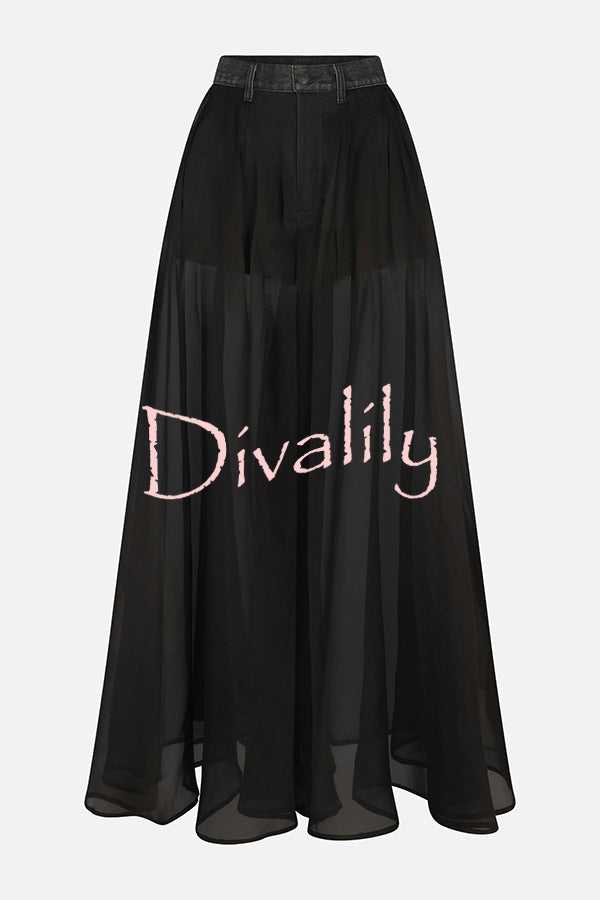 Avant-garde Fashion Denim Flowing Organza Patchwork Pocketed Wide Leg Jeans