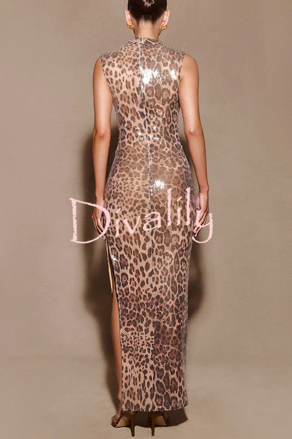 Sparkle Every Step Leopard Sequin Pattern High Neck Slit Stretch Maxi Dress