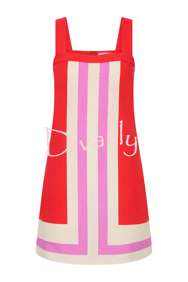 Mika Linen Blend Contrast Color Lines Square Neck Loose Mini Dress