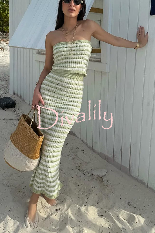 Bahamas Beach Knit Colorblock Stripes Bandeau Top and High Rise Stretch Maxi Skirt Set