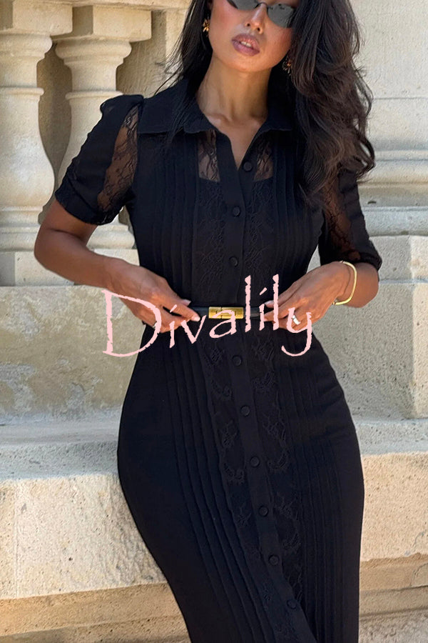 Lysette Lace Trim Pleated Button Up Short Sleeve Shirt Midi Dress