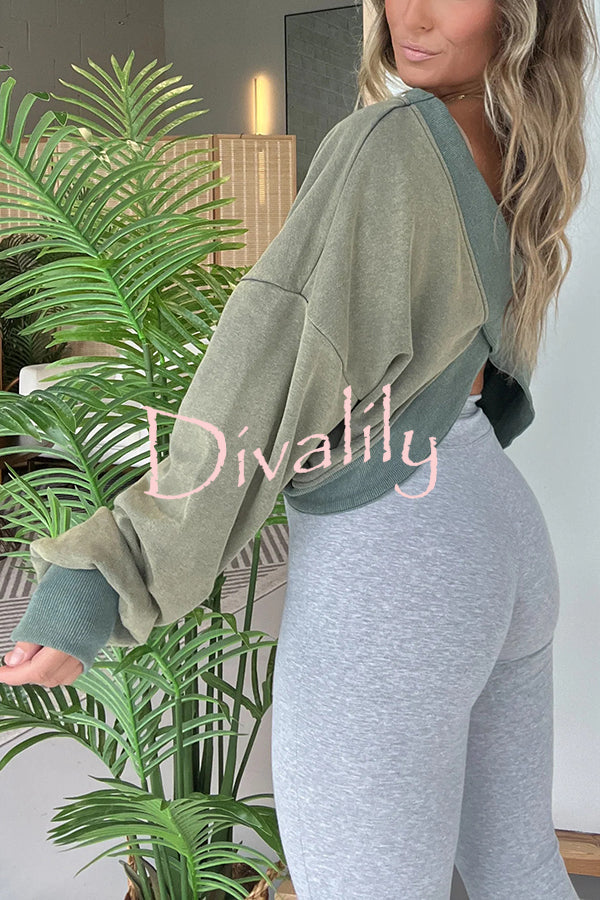 Solid Color V-neck Long-sleeved Loose Casual Sweatshirt