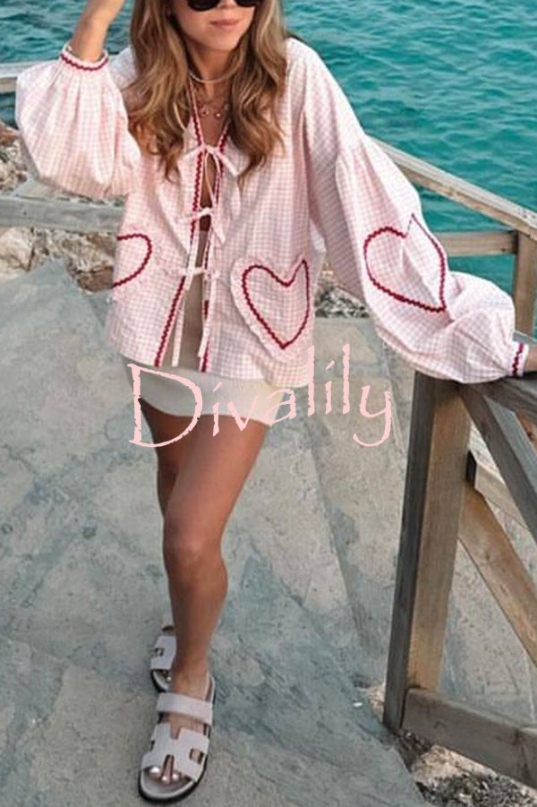 Lovely Plaid Heart Pattern Casual Lace-up Pocket Loose Shirt