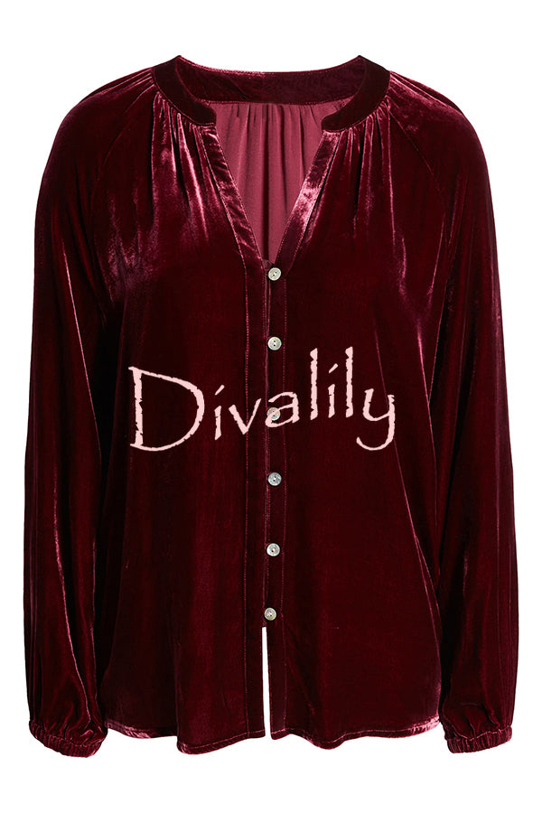 Solid Color Velvet V-neck Long-sleeved Shirt