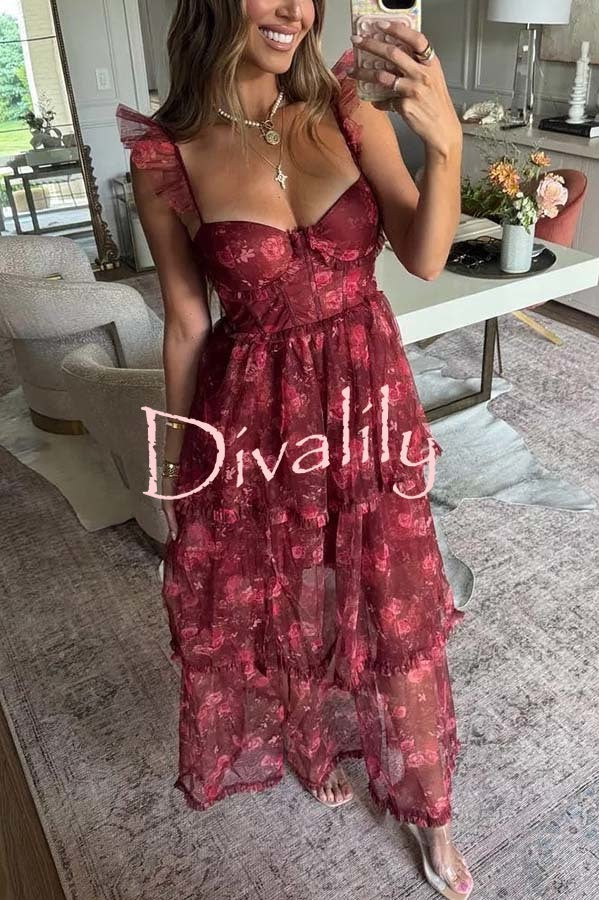 Romantic and Elegant Mesh Floral Back Smocked Tiered Ruffle Maxi Dress