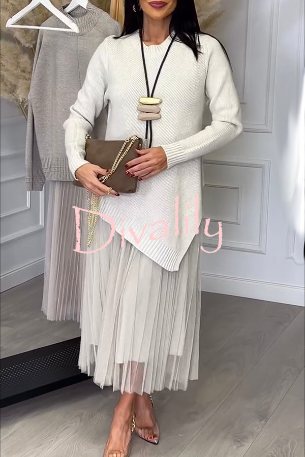 Jensine Ribbed Knit Irregular Loose Sweater and Pleated Tulle Tank Midi Dress Two-piece Set