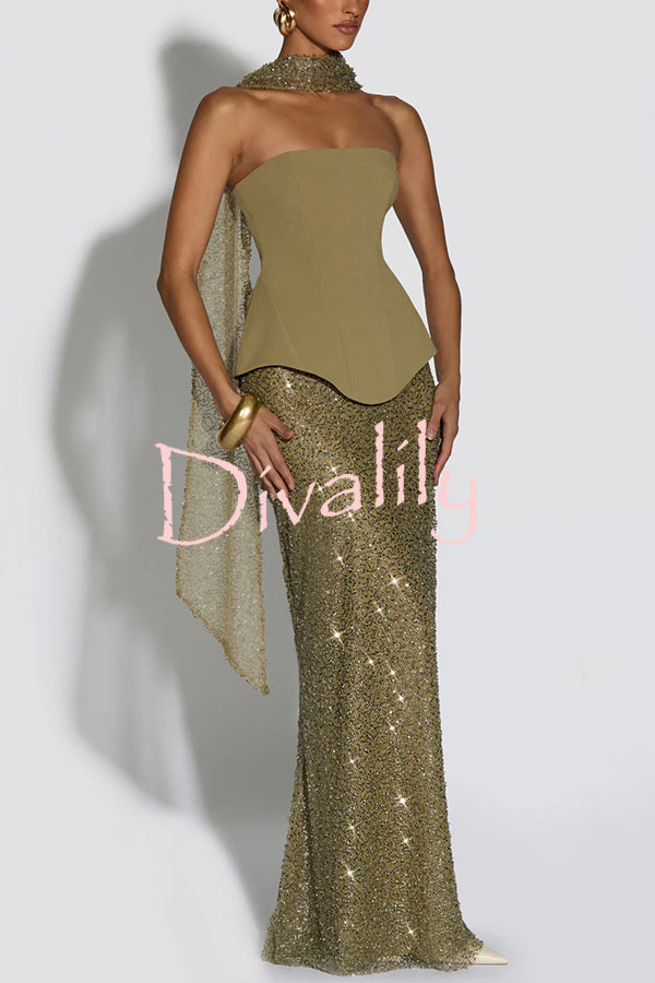 Oakley Corset Strapless Top and Sequin High Rise Maxi Skirt Scarf Set