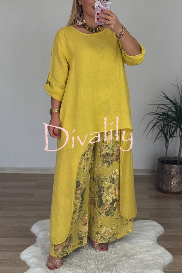 Linen Blend Crew Neck Long Sleeve Irregular Loose Top and Elastic Waist Floral Print Casual Pocket Set