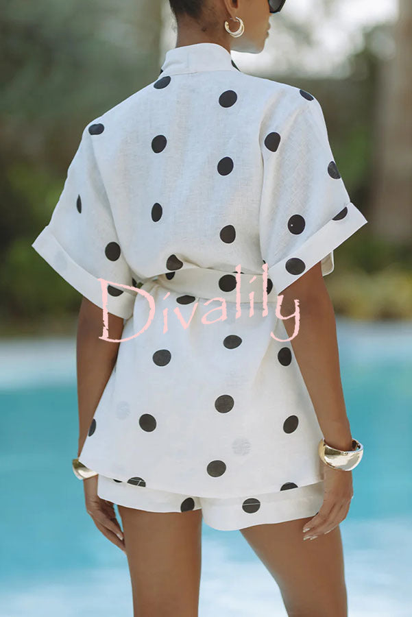 Playful Linen Blend Polka Dot Tie-up Kimono Top and Elastic Waist Pocket Shorts Set