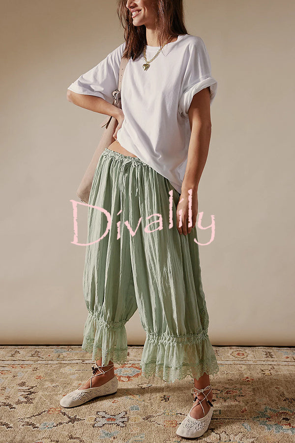Pastoral Style Elastic Waist Lace Hem Bloomer Pants