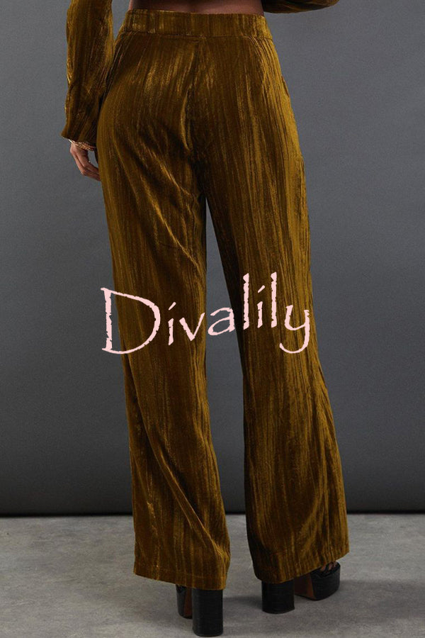 Solid Color Velvet Long-sleeved Waist Tie Top and Elastic Waist Casual Pocket Straight-leg Pants Set