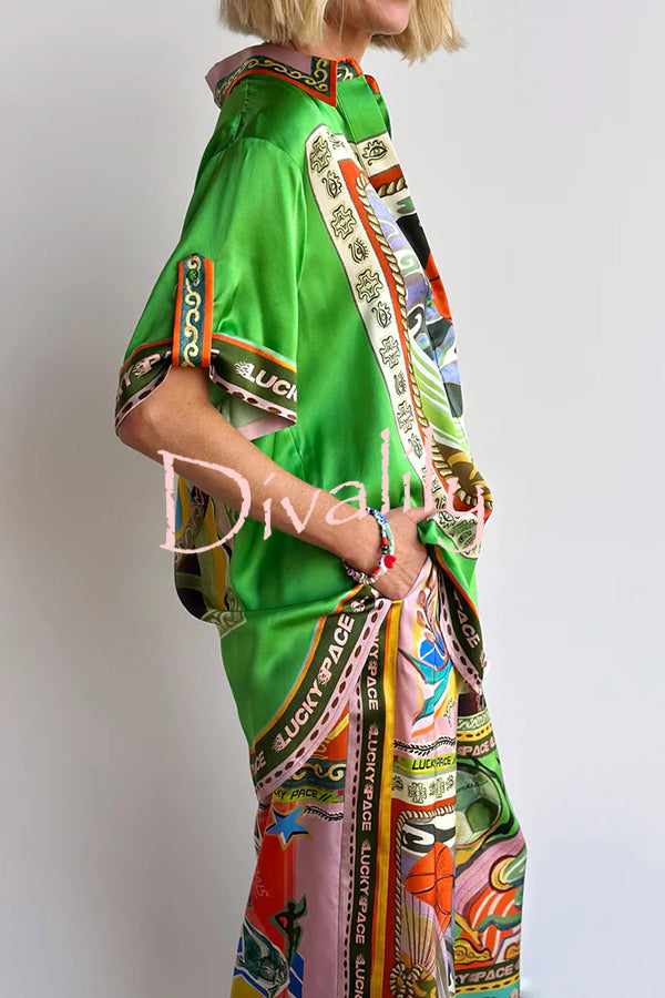 Unique Printed Lapel Short-sleeved Loose Shirt and Elastic Waist Tie Wide-leg Pants Set