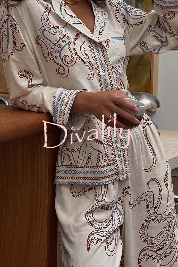 Calm Seas Line Octopus Unique Print Loose Shirt and Elastic Waist Pocketed Pajama Set