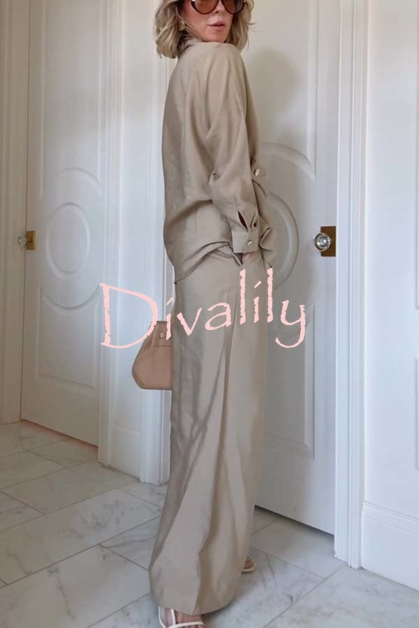 Juliette Cross-front Button Up Long Sleeve Shirt and Elastic Waist Pocket Loose Pants Set