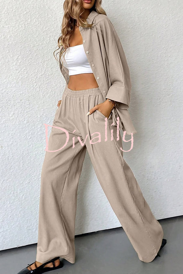 Solid Color Loose Casual Shirt and Elastic Waist Pocket Wide Leg Pants Set