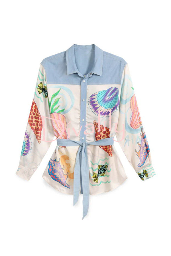 Magic Ocean Marine Elements Unique Print Patchwork Belted Loose Blouse