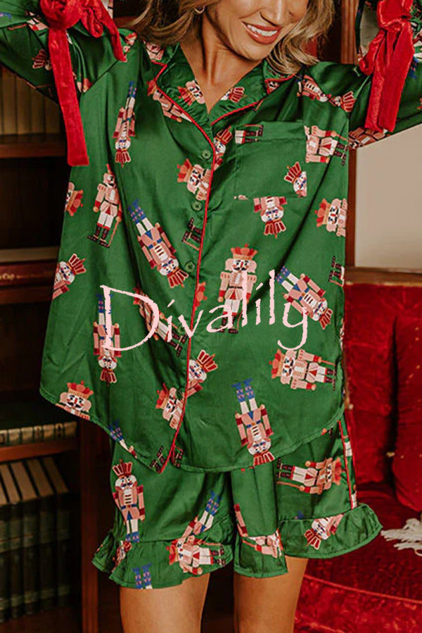 Christmas Dreaming Satin Nutcrackers Print Velvet Trim Elastic Waist Pocketed Pajama Shorts Set