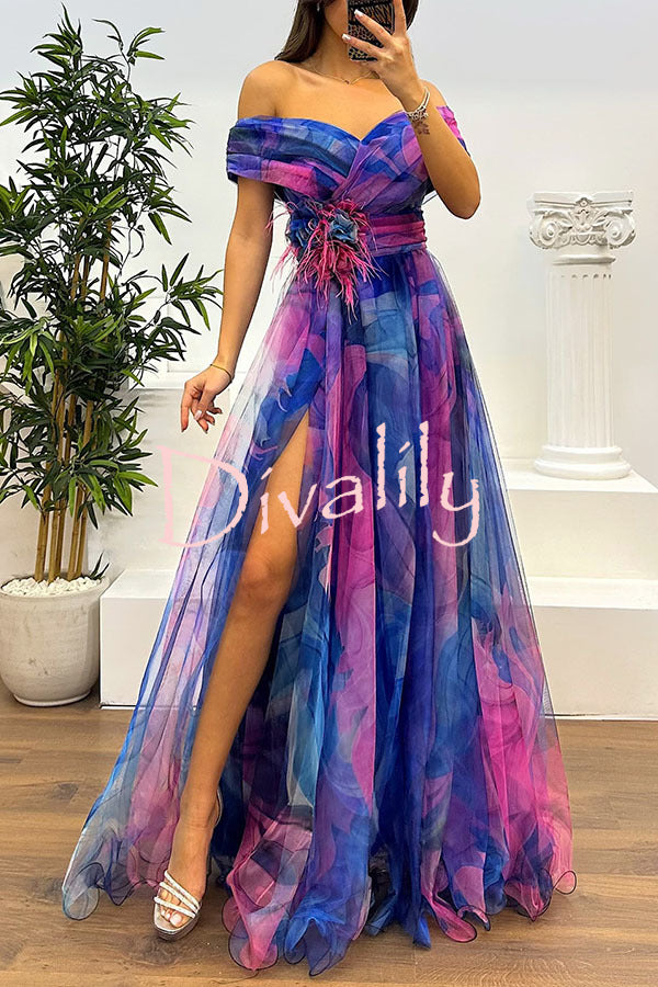 Jinnie Tulle Floral Feather Pendant Pleated Off Shoulder Slit Maxi Dress
