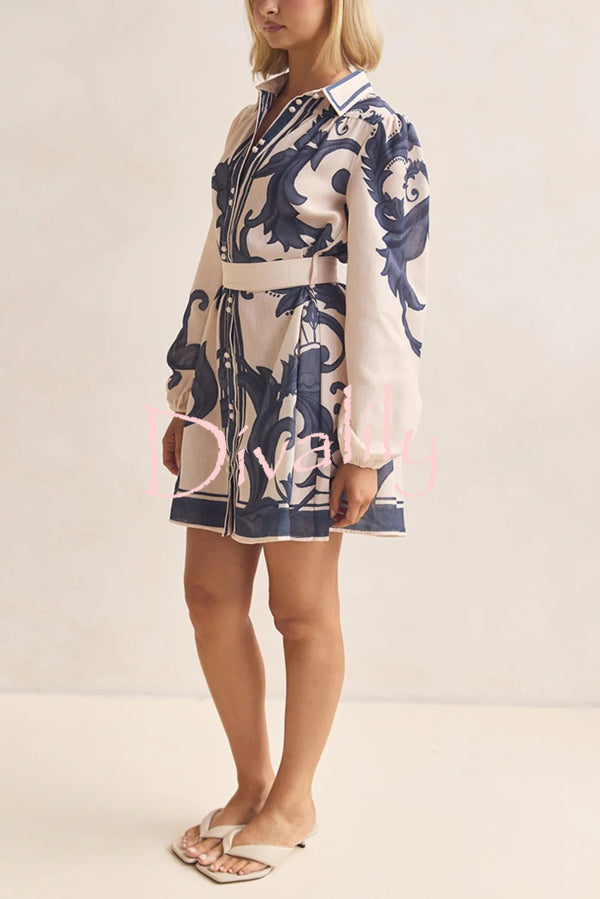 Botanical Print Lapel Puff Sleeve Vintage Belt Loose Mini Dress
