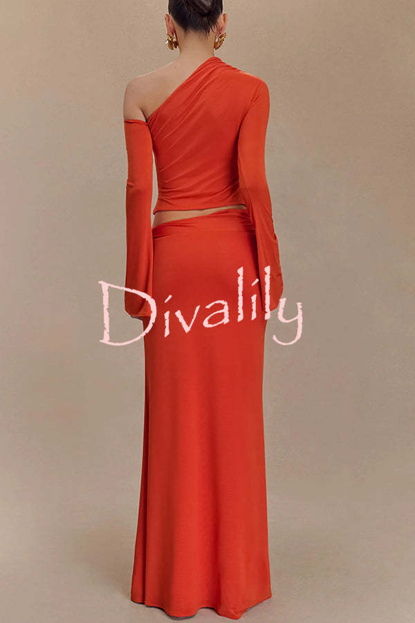 Ainsley Floral Hardware Asymmetrical Long Sleeve Stretch Top and Mid Rise Maxi Skirt Set