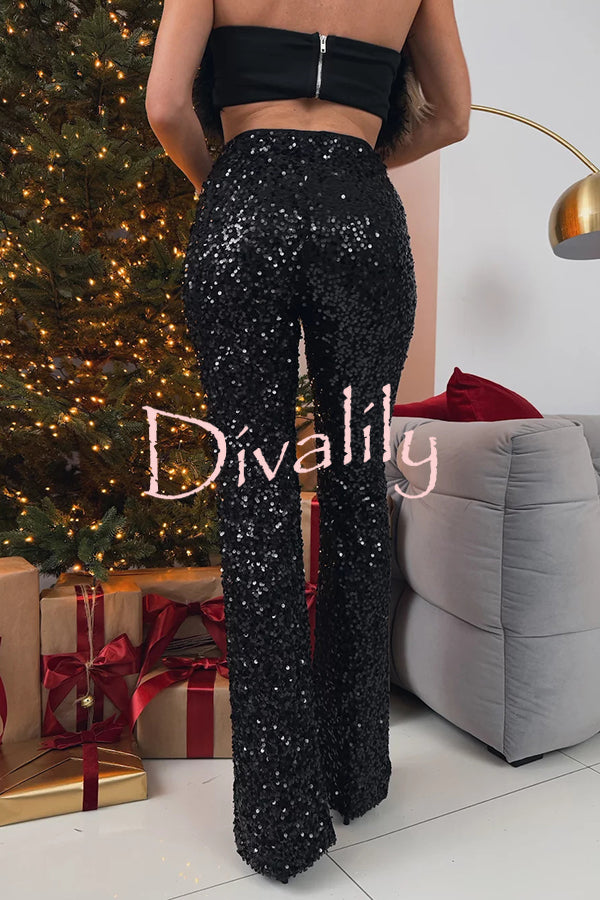 Chic Party Season Sequin High Rise Elastic Waist Flared Stretch Pants