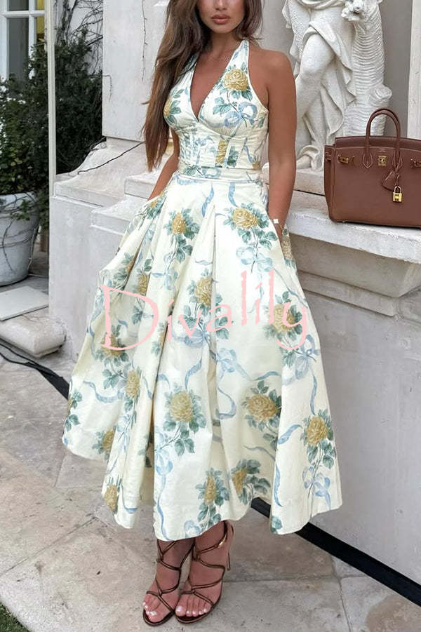 Resort Star Floral Print Waist Halterneck Tie Pocket Midi Dress