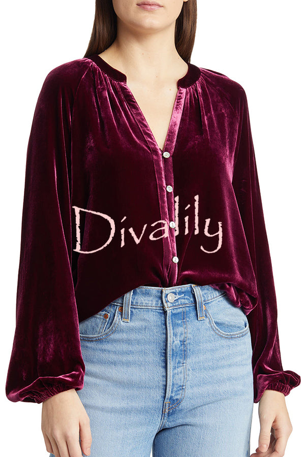 Solid Color Velvet V-neck Long-sleeved Shirt