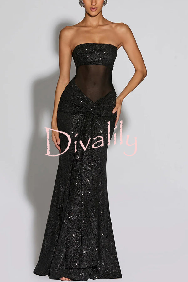 Paula Sequined Mesh and Jersey Off Shoulder Ruched Knot Drape Shawl Maxi Dress
