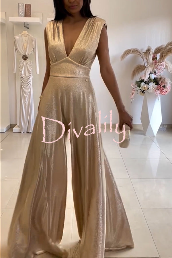 Roisin Metallic Fabric Ruched Shoulder V-neck Wide Leg Drape Jumpsuit