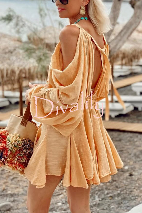 Anita Cold Shoulder Ruched Balloon Sleeve Pleated Hem Loose Mini Dress