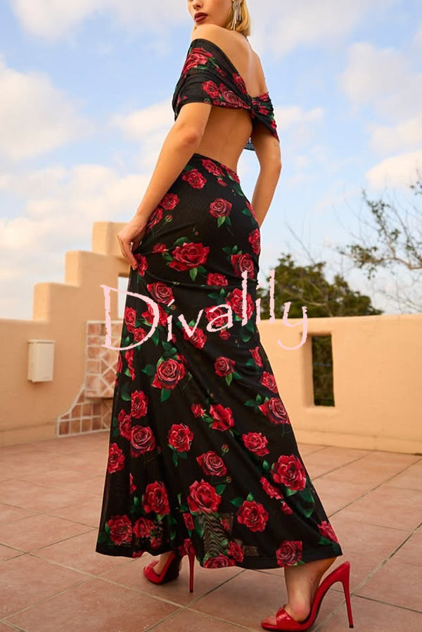 Rose Print Sexy Strapless Backless Slim Maxi Dress