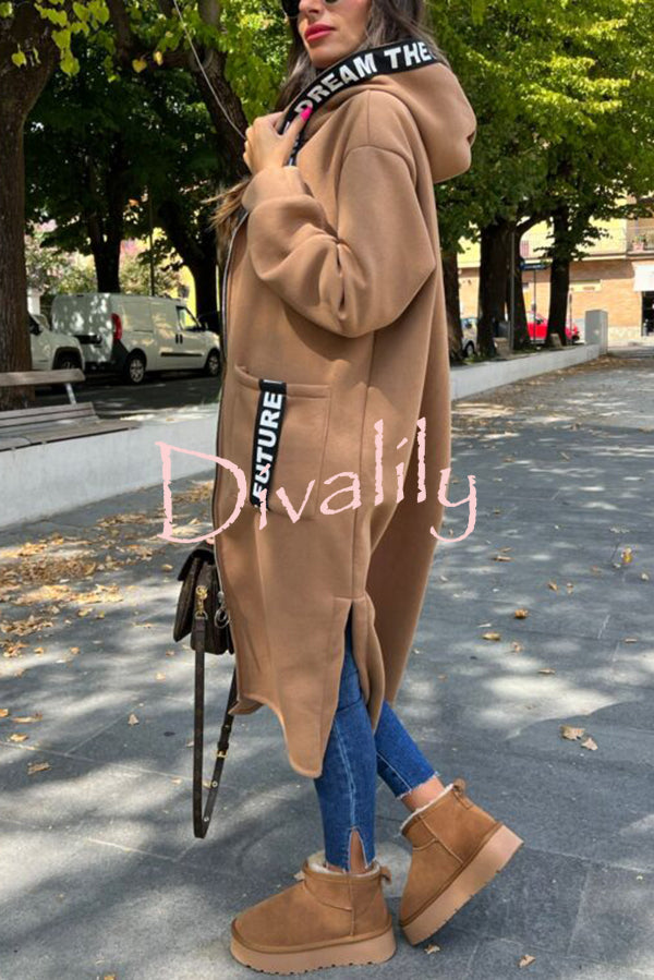 Fashionable and Casual Hooded Zipper Pocket Loose Long Coat